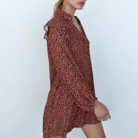 NEW Zara Red Floral Printed Button Ruffle Shoulder Long Sleeve Mini Dress SZ XS - Picture 3 of 7